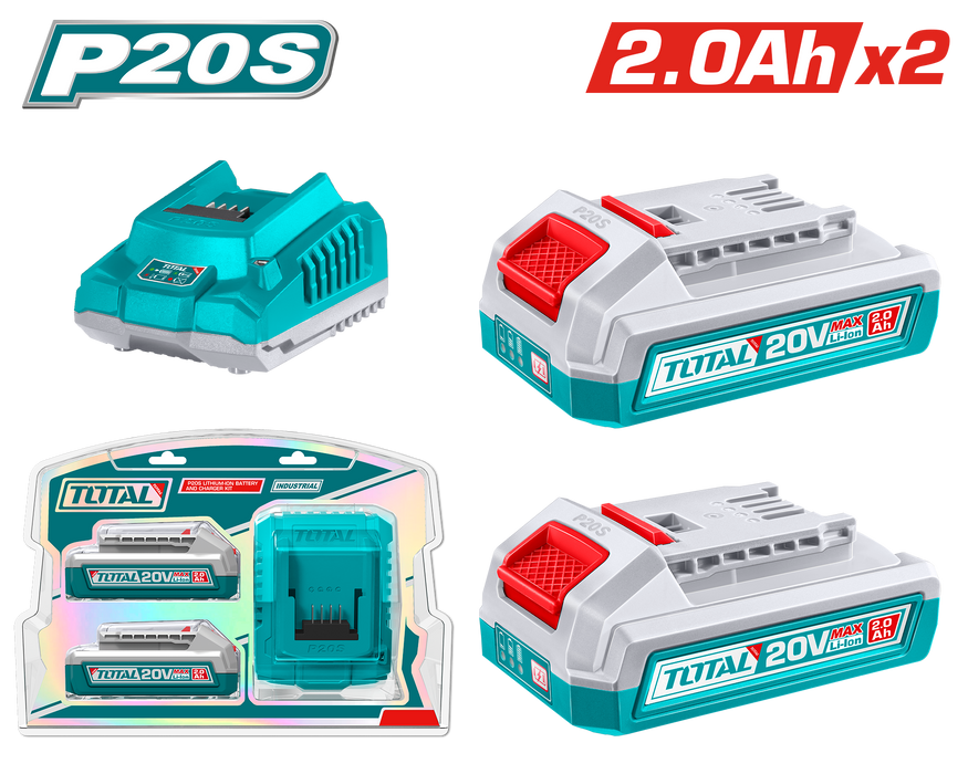 طقم بطاريتين Total 20 فولت 2 أمبير مع شاحن بسرعات شحن عالية خفيف الوزن من Total