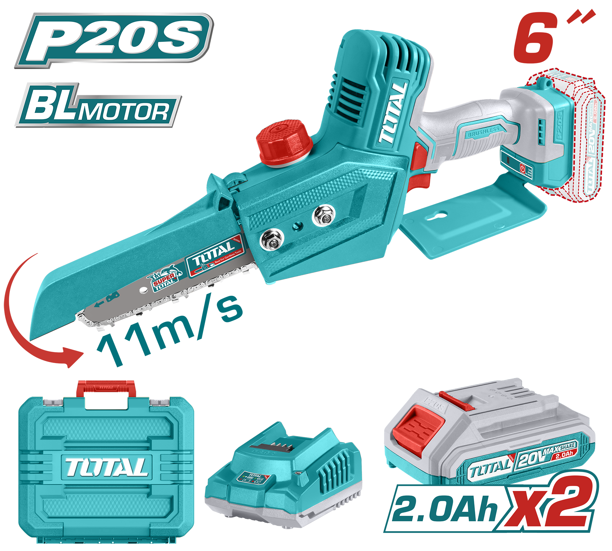 TOTAL Cordless Mini Chain Saw Brushless 20V - 15cm | 6