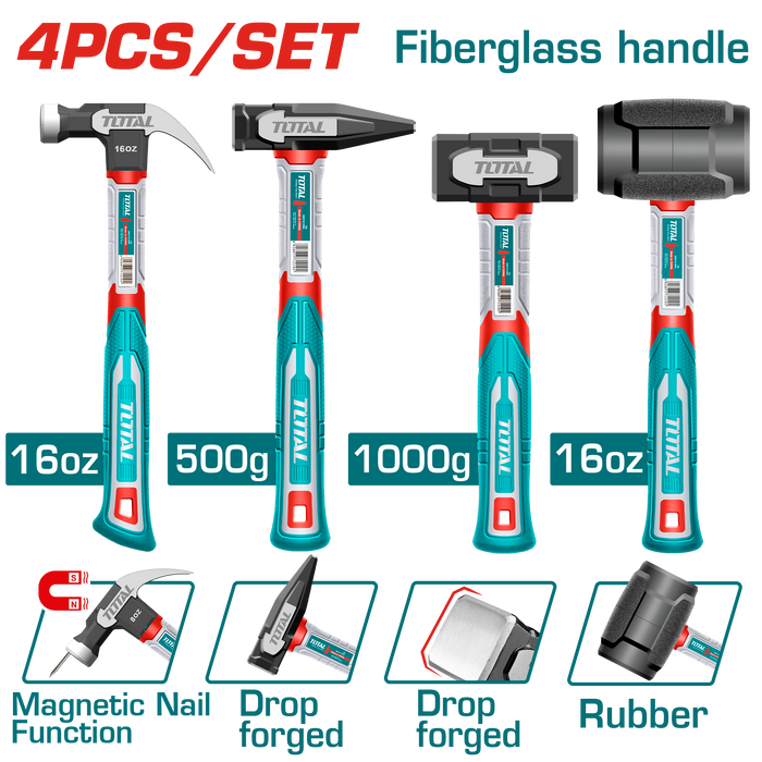 طقم مطارق TOTAL من 4 قطع بمقابض ألياف زجاجية لامتصاص الصدمات