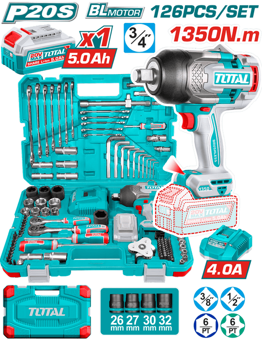 طقم مفك تأثير بدون سلك 126 قطعة 1350Nm من THKTHP31262 بسرعات متغيرة