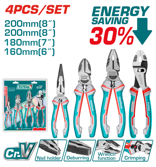 مجموعة كماشات 4 قطع من فولاذ Cr-V مع مقبض TRP وفعالية عالية 30%