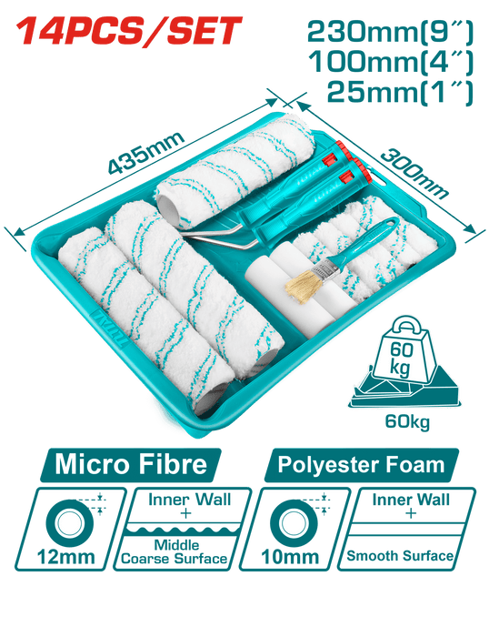 طقم رول طلاء أسطوانة TOTAL 14 في 1 للجدران الداخلية مع فرش وصينية