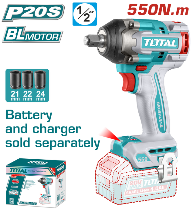 دريل امباكت TOTAL لاسلكي 20V بدون فحمات بحجم 1/2" وعزم 550Nm مع سرعات متعددة