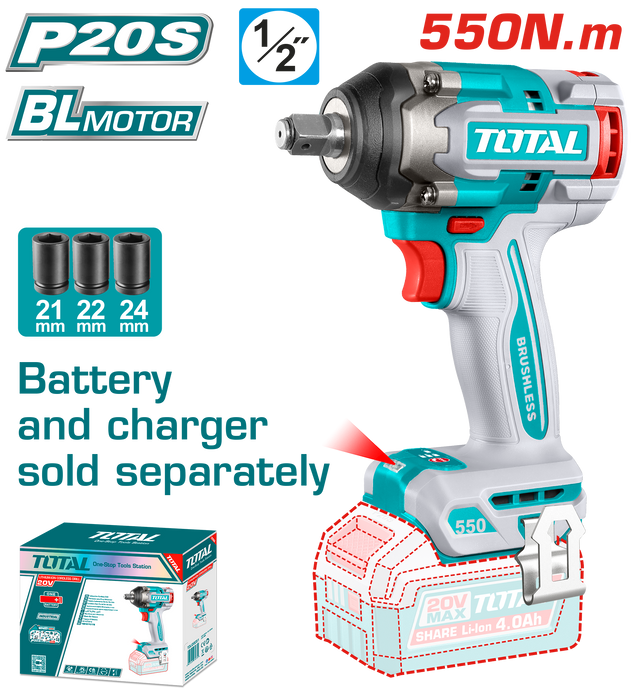 دريل امباكت TOTAL لاسلكي 20V بدون فحمات بحجم 1/2" وعزم 550Nm مع سرعات متعددة