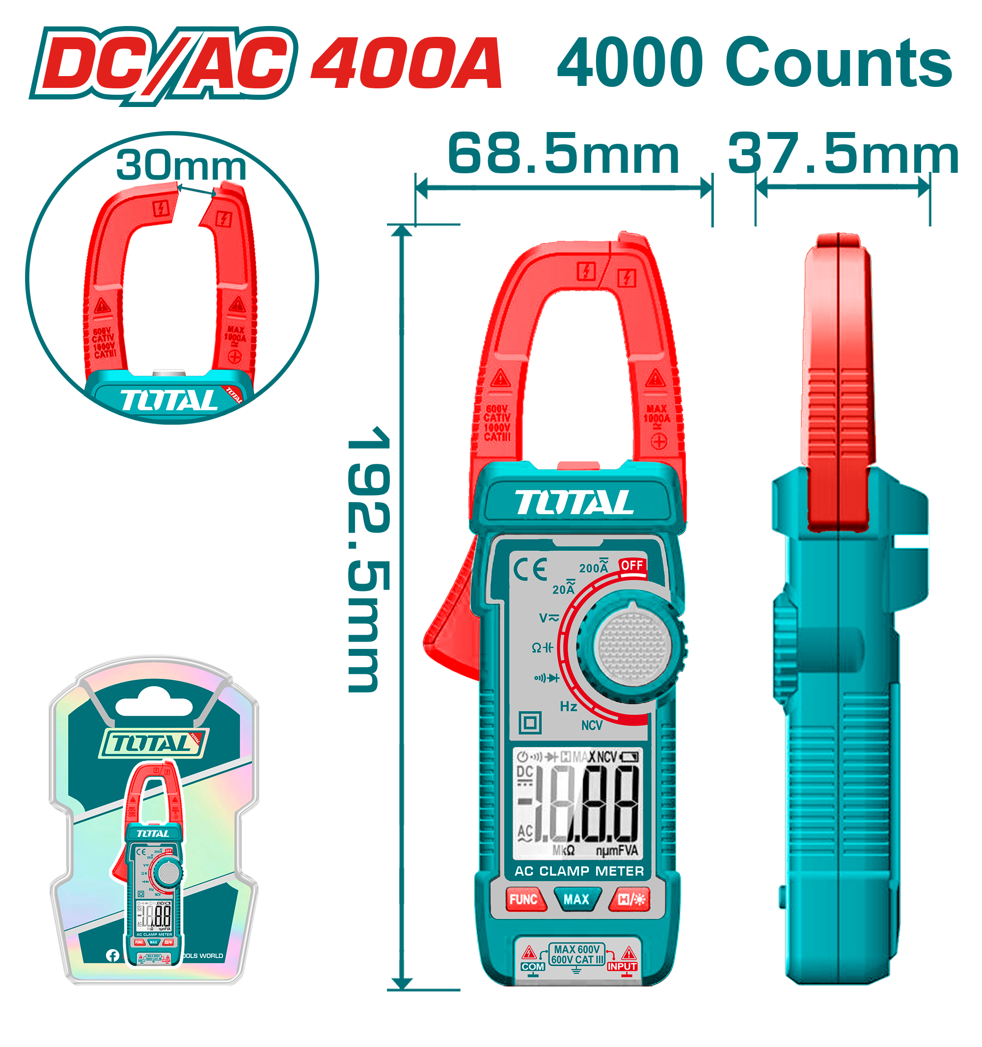 جهاز كلامبميتر AC/DC 400 أمبير – TRMS 4000 من توتال جهاز كلامبميتر AC/DC 400 أمبير – TRMS 4000 من توتال