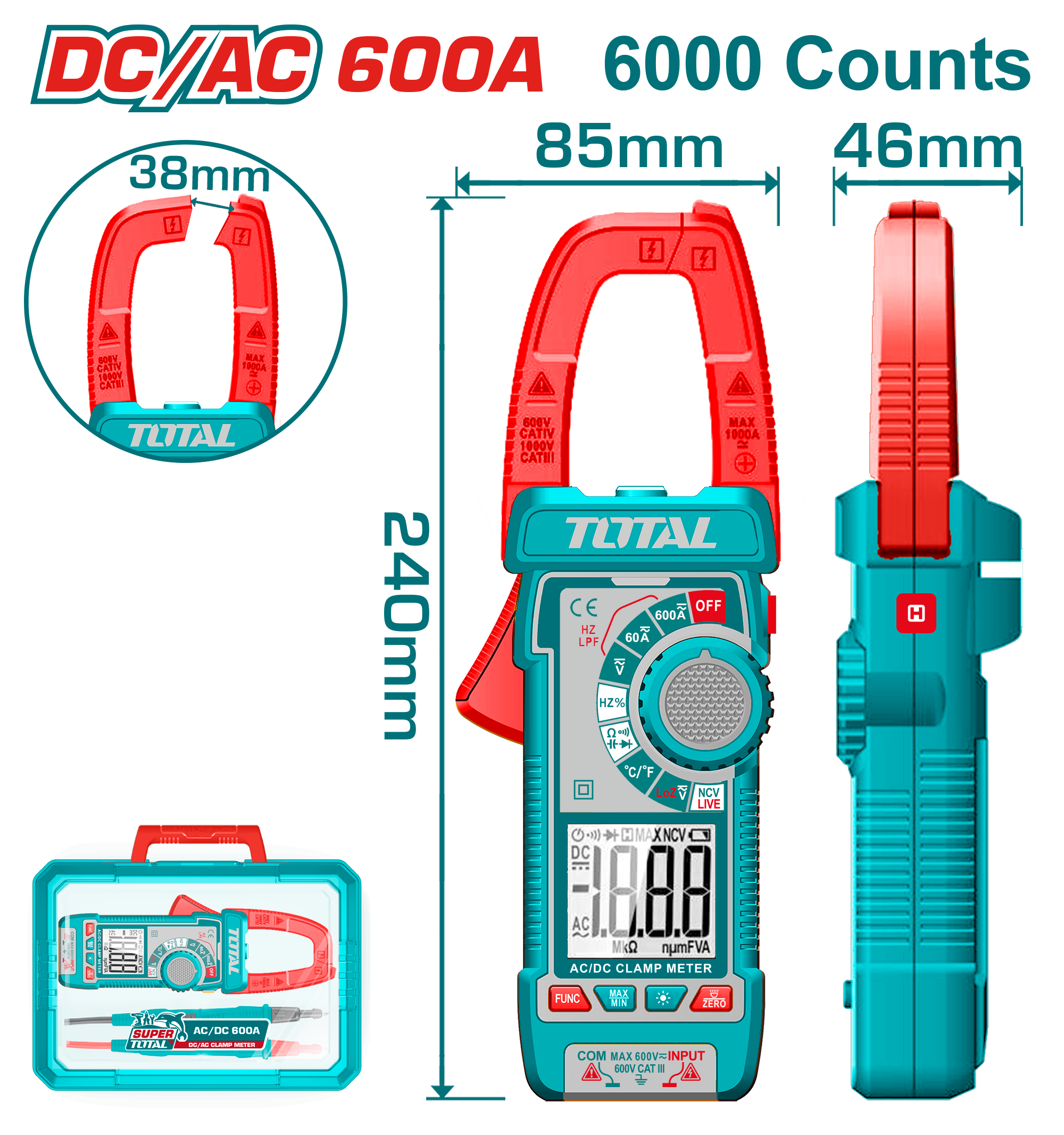 كلامبميتر الرقمي AC/DC بقدرة 600 أمبير مع قياس القيم الحقيقية الفعالة من توتال TOTAL كلامبميتر الرقمي AC/DC بقدرة 600 أمبير مع قياس القيم الحقيقية الفعالة من توتال TOTAL