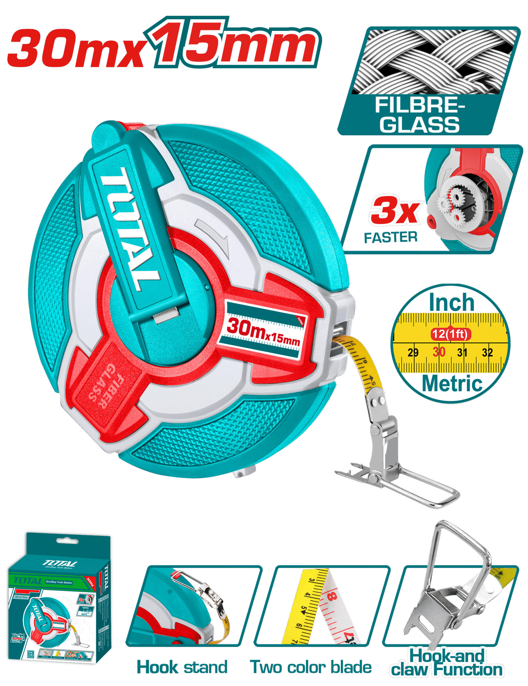 TOTAL Fiberglass Measuring Tape 30m x 15mm – Fast Rewind, Dual Scale, Rubber Covered (TMTF18306)
