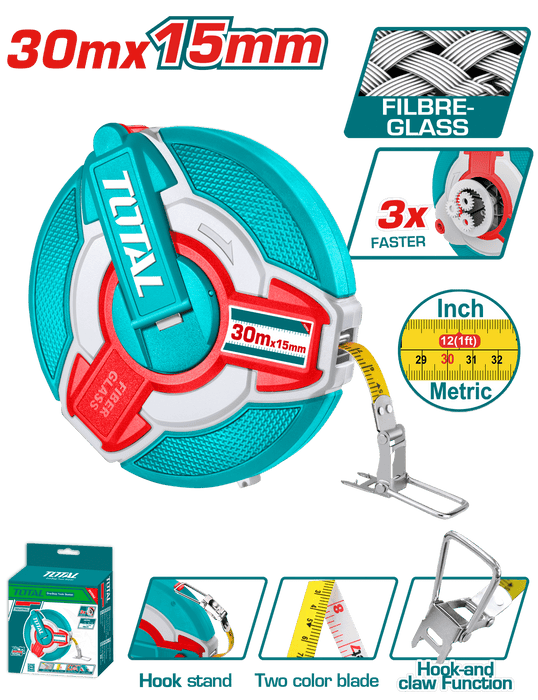 شريط قياس زجاجي TOTAL 30م مقياس مزدوج بدقة عالية وإعادة لف سريعة