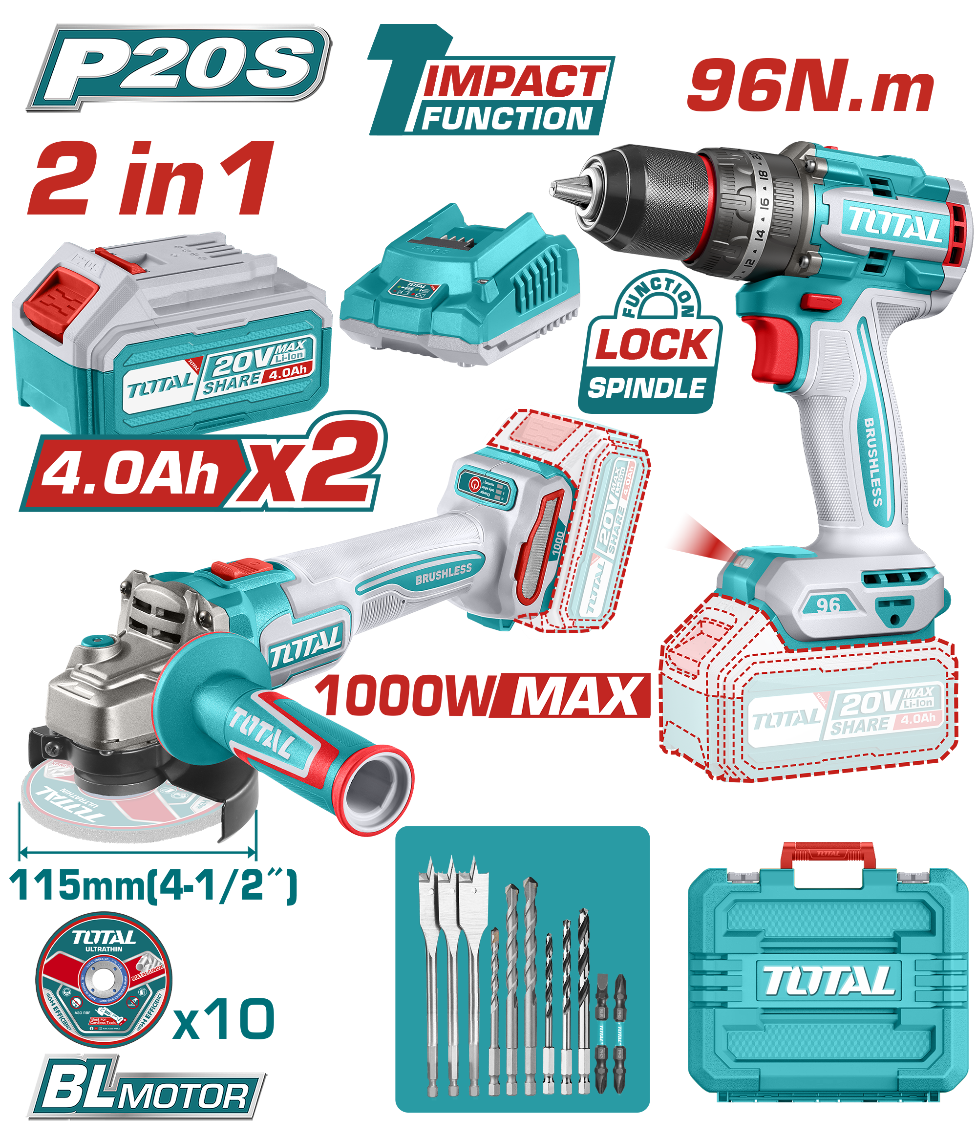 Total 20V Drill + Angle Grinder Combo Set Total 20V Drill + Angle Grinder Combo Set