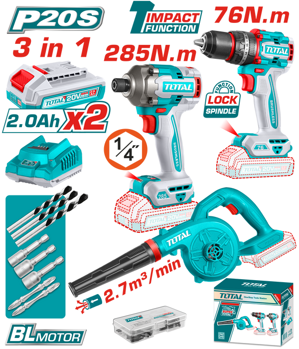 طقم TOTAL اللاسلكي 20 فولت مكون من 3 قطع لمثقاب تأثير وسائق مميز