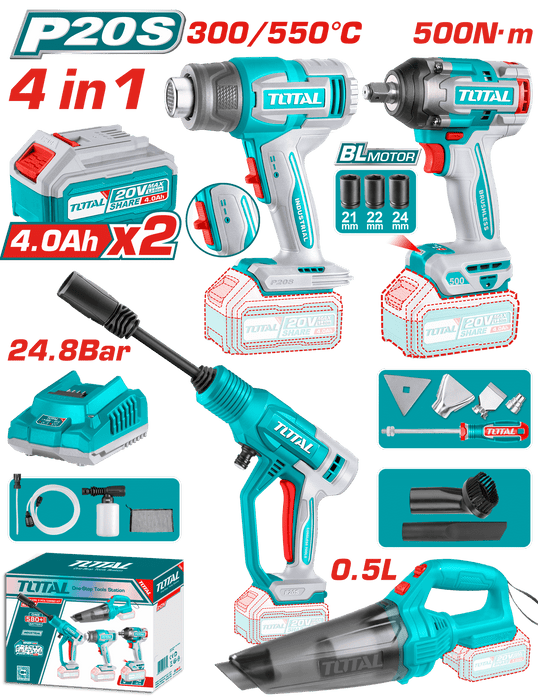 TOTAL 4-in-1 Combo Kit - Heat Gun, Vacuum, Washer Pump and Drill with Accessories