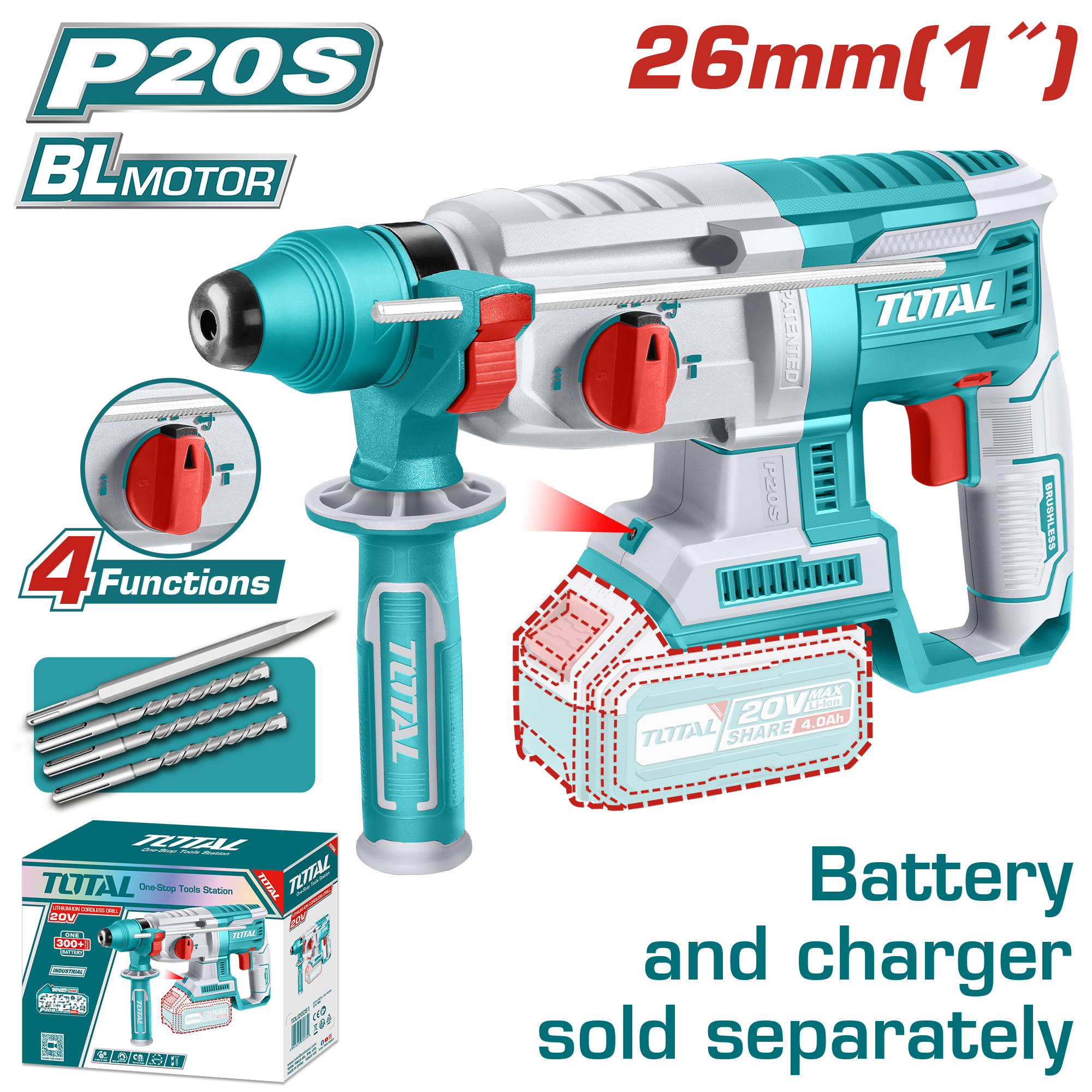 Total Brushless Rotary Hammer 2.5 J | 26 mm - Without Battery & Charger Total Brushless Rotary Hammer 2.5 J | 26 mm - Without Battery & Charger