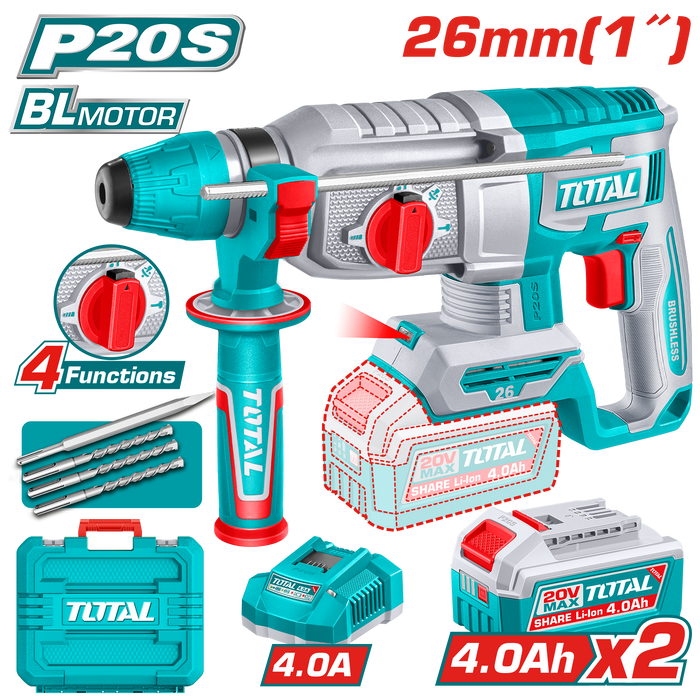 همر ثقب لاسلكي روتاري توتال 20 فولت بمحرك بدون فحمات مع بطاريتين 4 أمبير وشاحن