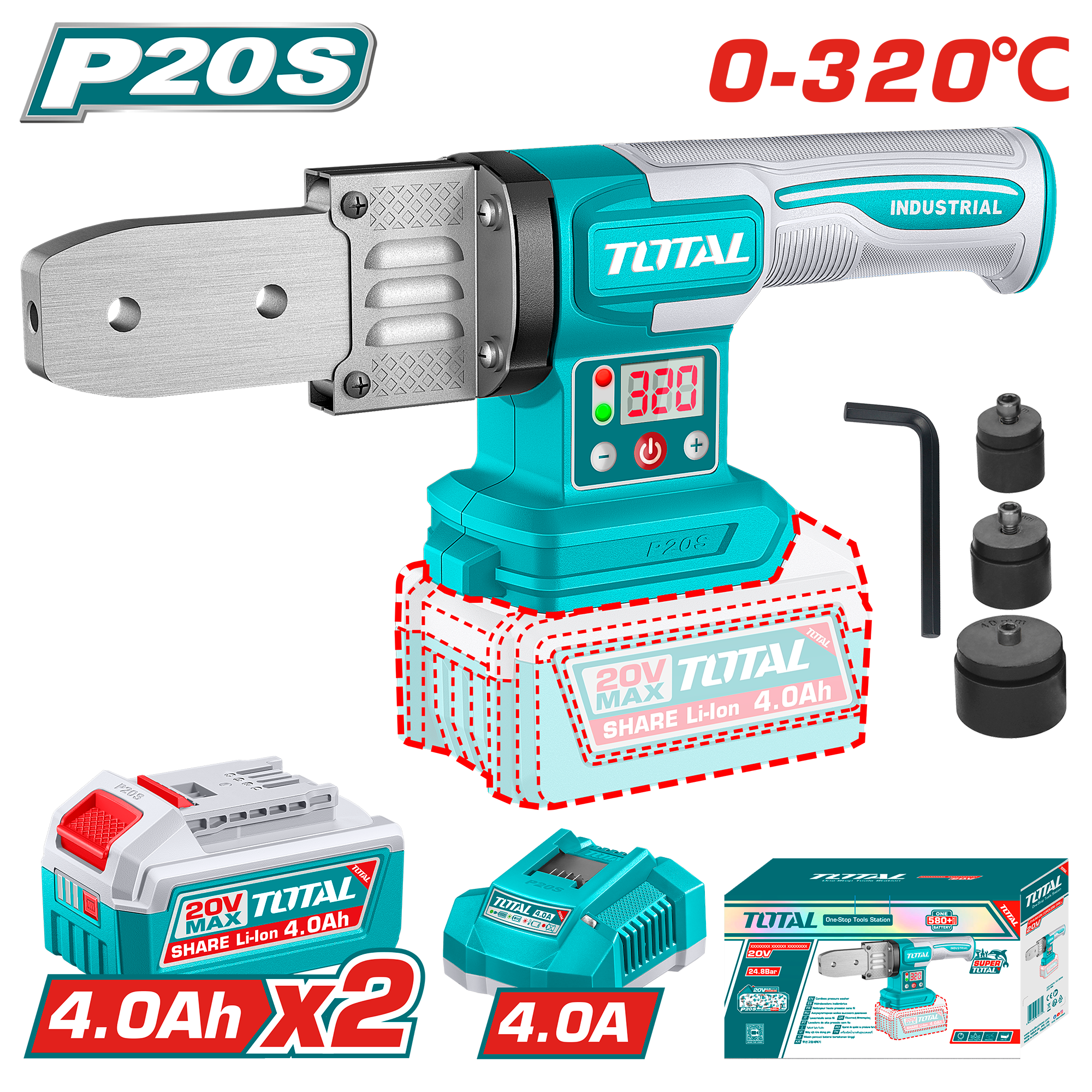 TOTAL Cordless Plastic Tube Welding Tool – 20V, 320°C, with 2 Batteries & 3 Welding Heads (TWTLI20182)