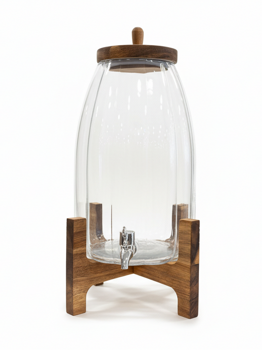 موزع عصير زجاجي مع قاعدة خشب