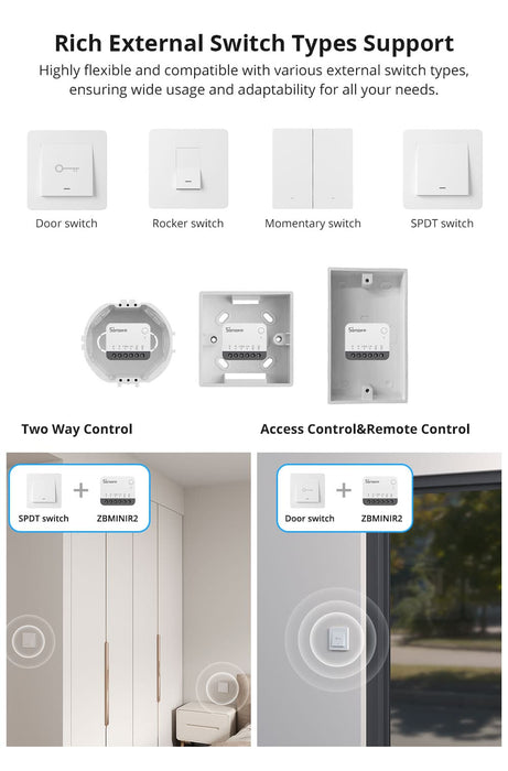 مفتاح ذكي Zigbee 3.0 SONOFF ZBMINIR2 بوزن 10A وتحويل ذكي للأجهزة التقليدية من sonoff