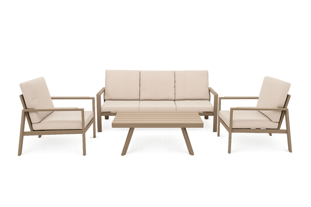 Modern Outdoor Aluminum Sofa Set with Faux Wood Coffee Table – 4 Piece