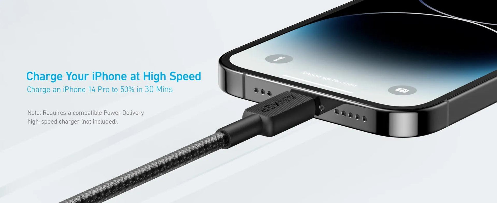 كابل USB-C إلى Lightning مضفر 3ft شحن سريع حتى 60W معتمد Apple MFi من Anker