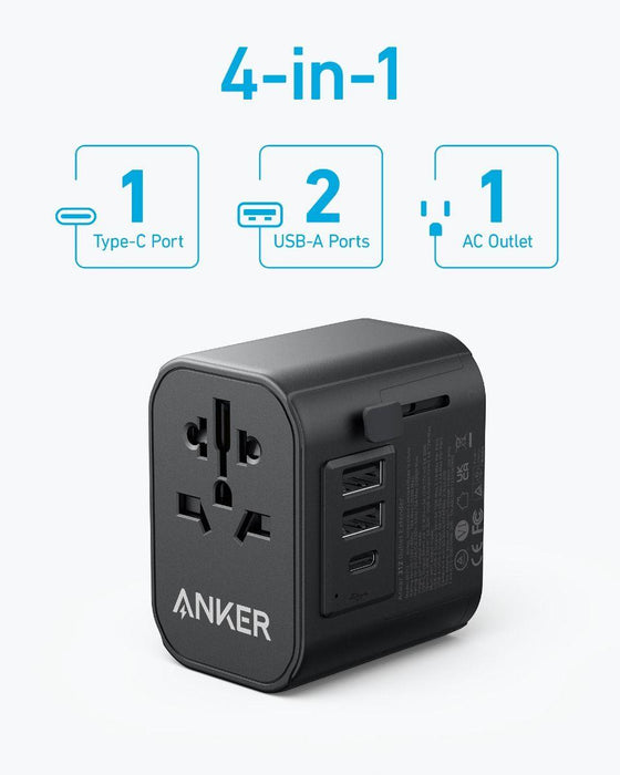 محول سفر USB-C بقوة 30W لشحن سريع 4 في 1 ومأخذ تيار متردد من Anker