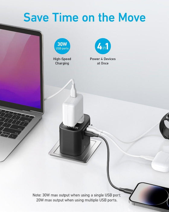 محول سفر USB-C بقوة 30W لشحن سريع 4 في 1 ومأخذ تيار متردد من Anker