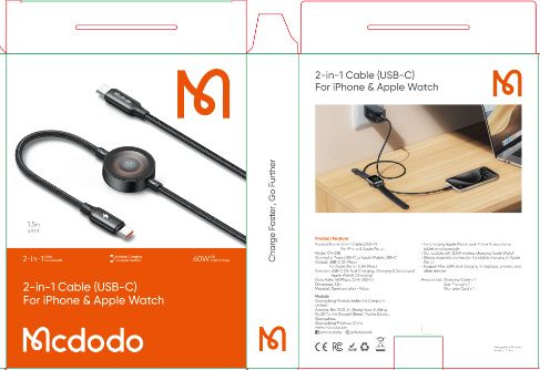 شاحن لاسلكي 2 في 1 60 واط USB-C إلى USB-C مع كابل 1.5 متر لشحن ساعة آبل بضمان شحن مستقر من Mcdodo