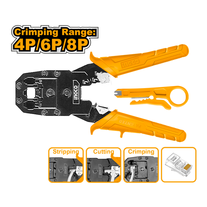 مكبس راسيات RJ45 انكو 8 إنش 4P 6P 8P بتصميم مريح ثلاث وظائف كبس وتجريب وقطع من INGCO