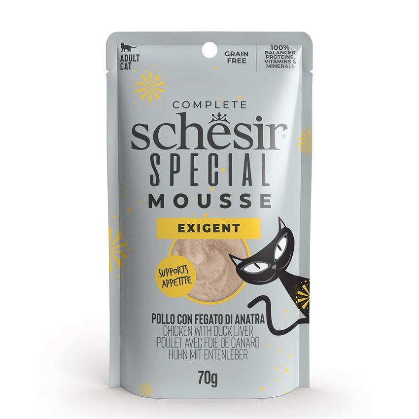 SCHESIR موس ناعم للقطط الانتقائية دجاج وكبد بط 12X70G-N للقطط SCHESIR موس ناعم للقطط الانتقائية دجاج وكبد بط 12X70G-N للقطط