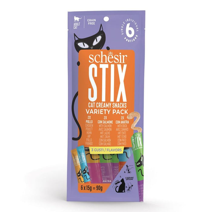 SCHESIR STIX أكياس للقطط 12X6X15G تشكيلة دجاج وبط وسلمون غنية بالبروتين