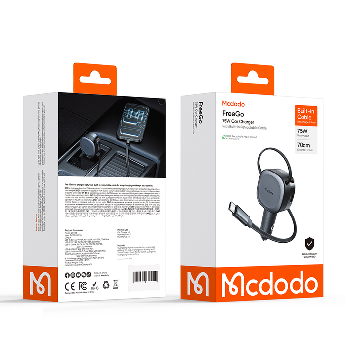 شاحن سيارة 75 واط 1A+1C مع كابل USB-C قابل للسحب لشحن سريع موثوق من Mcdodo