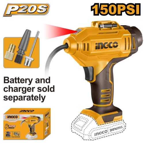 منفاخ عجل سيارة 20 فولت INGCO بضغط 150PSI مع 3 محولات وإضاءة LED من INGCO