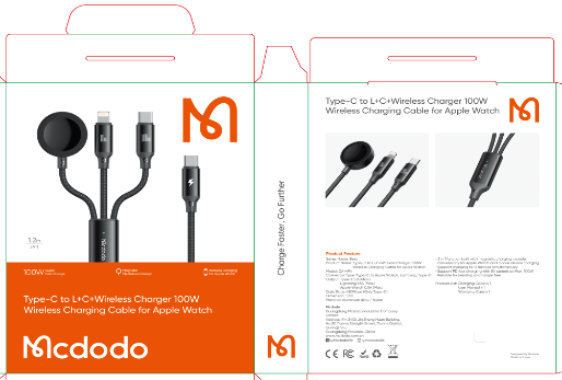 كابل شاحن لاسلكي 3 في 1 100 واط USB-C إلى Lightning بطول 1.2م لشحن 3 أجهزة مع شحن سريع من Mcdodo