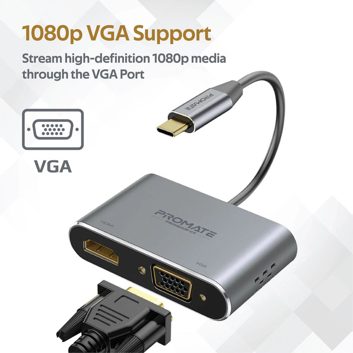 محول عرض USB-C بريميوم 2 في 1 بمنفذ HDMI بدقة 4K ومنفذ VGA من PROMATE