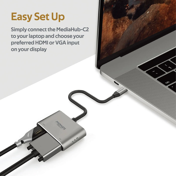 محول عرض USB-C بريميوم 2 في 1 بمنفذ HDMI بدقة 4K ومنفذ VGA من PROMATE