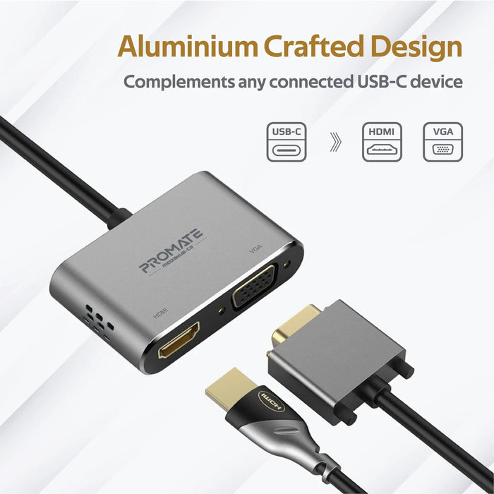 محول عرض USB-C بريميوم 2 في 1 بمنفذ HDMI بدقة 4K ومنفذ VGA من PROMATE