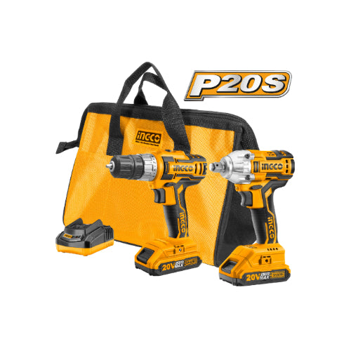 طقم درل شحن 20 فولت ليثيوم INGCO مع 2 بطارية وشاحن سريع وأدوات متعددة من INGCO