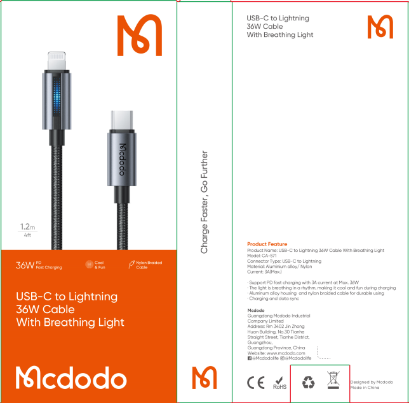 كابل USB-C إلى Lightning بطول 1.2 متر وقدرة 36 واط مع شحن سريع وتصميم متين من Mcdodo