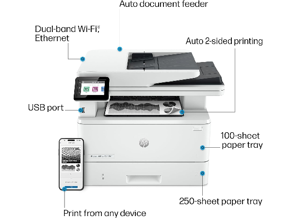 طابعة HP LASER PRO 4103FDW عالية الجودة، طباعة سريعة وتصميم مدمج للاستخدام المتعدد