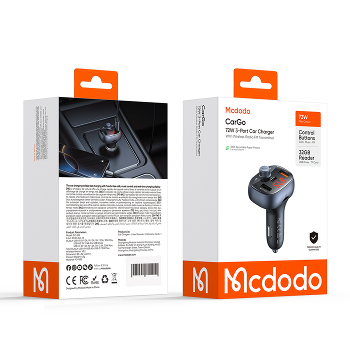 شاحن سيارة 72 واط 2A1C FM مع شحن سريع PD3.0 وزر متعدد الوظائف من Mcdodo