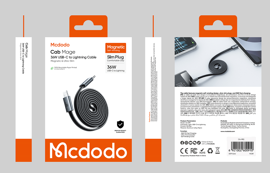 كابل مغناطيسي ذاتي لف USB-C إلى Lightning 36 واط بطول 1 متر، شحن سريع ومتين من Mcdodo