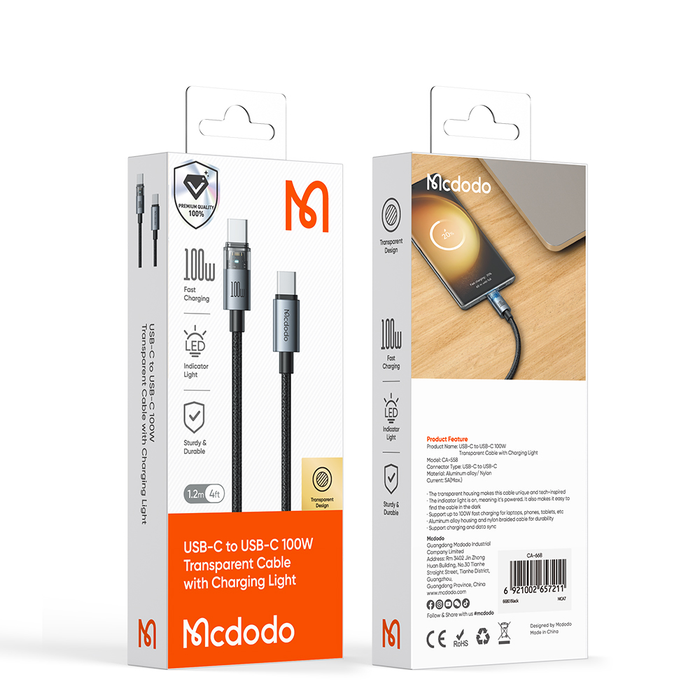 كابل USB-C إلى USB-C شفاف 1.2م بقوة 100 واط مع ضوء شحن مميز وسريع من Mcdodo