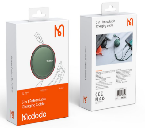 كابل بيانات 3 في 1 USB-A إلى Lightning + Micro + Type-C طول 1.2م، يدعم شحن 3 أجهزة مع تصميم قابل للسحب. من Mcdodo