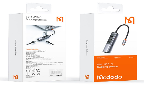 هوب محطة توصيل Mcdodo USB-C 5 في 1 بقدرة PD 100W وشبكة Gigabit Ethernet وسرعة 5Gbps (SKU: HU-1110)