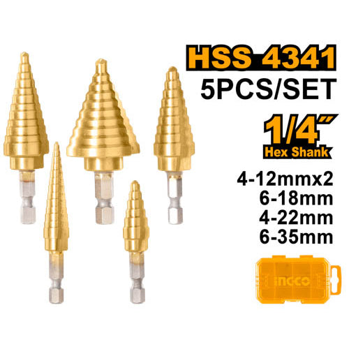 طقم ريشة مدرجة هرمي 5 قطع بأحجام 4-35 ملم مصنوعة من فولاذ HSS 4341. من INGCO