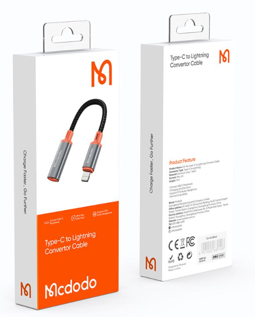 محول USB-C إلى Lightning، بحجم 32.48*15.25*10.05 ملم، يدعم الشحن والمزامنة. من Mcdodo