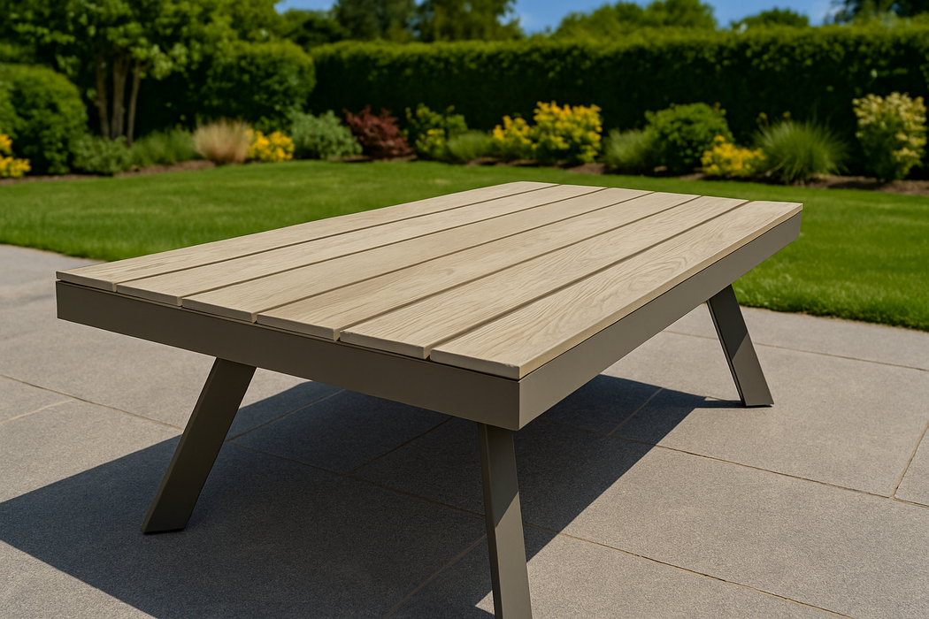 Modern Outdoor Aluminum Sofa Set with Faux Wood Coffee Table – 4 Piece