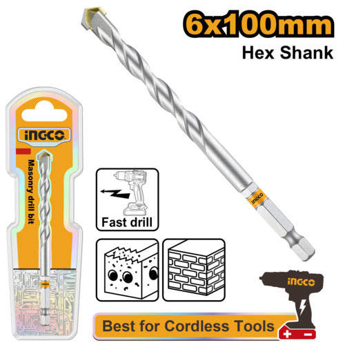 ريشة حجر 6 * 100 ملم قاعدة مسدس 1/4" من لحفر فعال وآمن في الأسمنت والخرسانة والطوب من INGCO