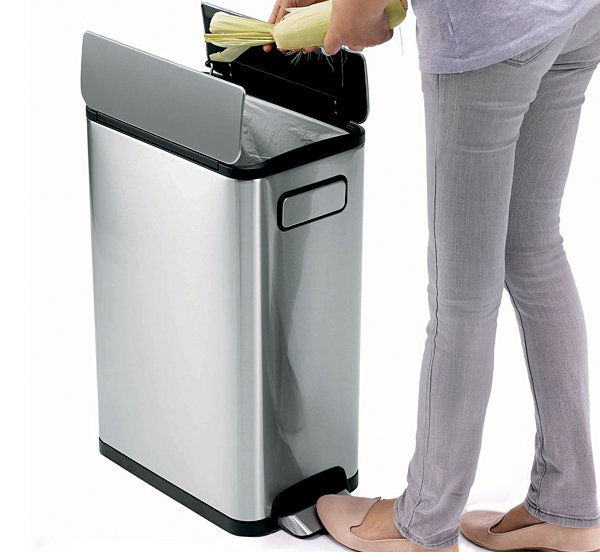 سلة مهملات إيكو إكوفلاي 30 لتر مع غطاء مزدوج وعجلات للفولاذ المقاوم للبصمات