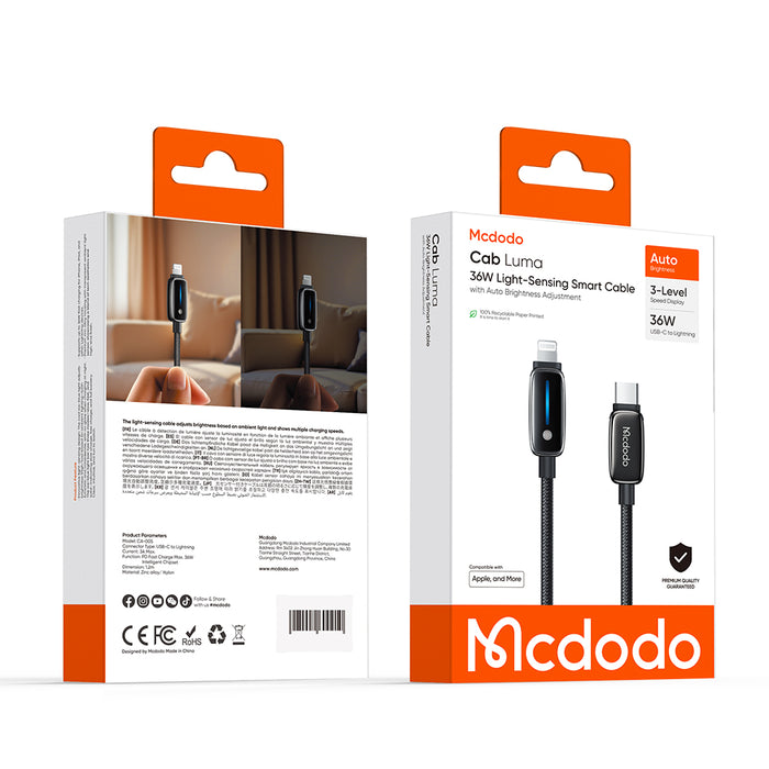 كابل ذكي USB-C إلى Lightning بطول 1.2 متر، شحن سريع 36 واط مع حساس ضوء تلقائي من Mcdodo