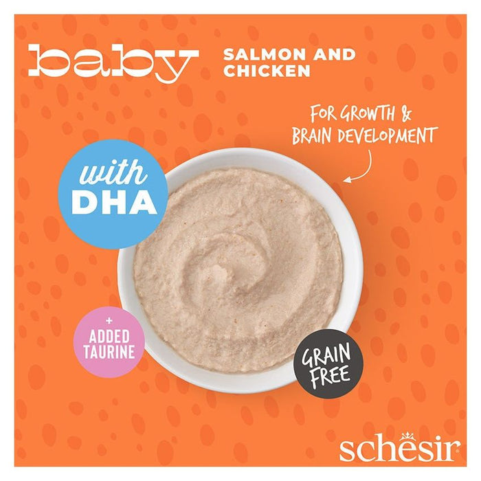 SCHESIR أكياس موس ناعم وحريري للقطط الصغيرة سلمون ودجاج 12X70G(NEW)