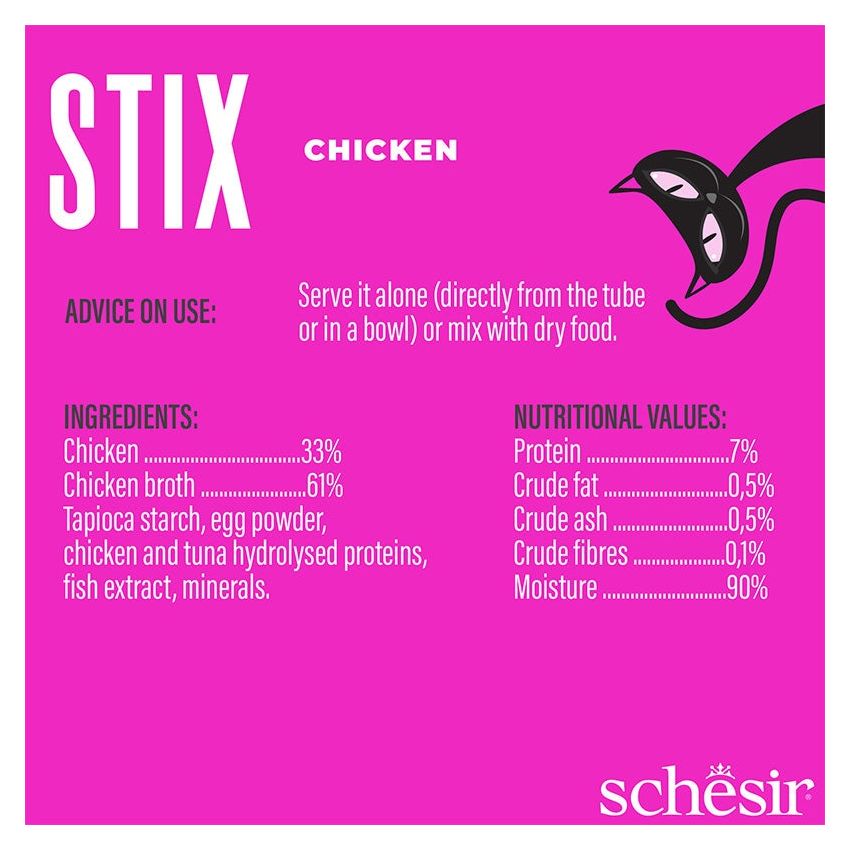 SCHESIR STIX مكافآت كيسية للقطط - دجاج 12X6X15G موس كريمي غني بالبروتين SCHESIR STIX مكافآت كيسية للقطط - دجاج 12X6X15G موس كريمي غني بالبروتين